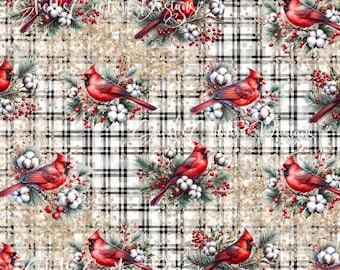 12x12 printed vinyl Christmas Winter Cardinal Birds Holly Plaid Cotton Red Green Pine
