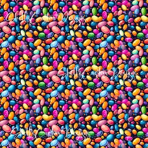 May include: A seamless pattern of colorful jelly beans on a dark blue background. The jelly beans are in various shapes and sizes, and they are arranged in a random pattern.