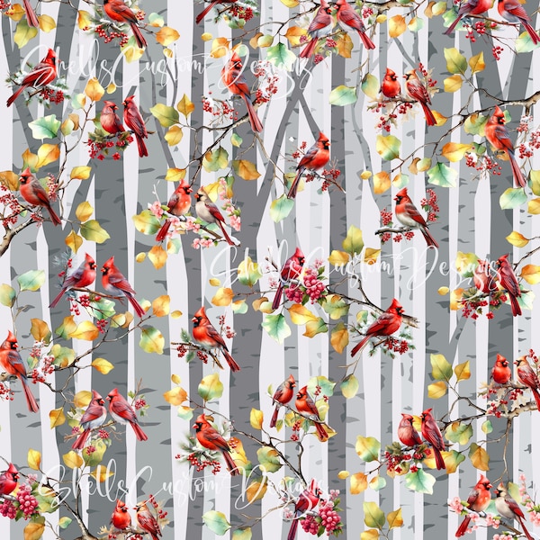 Pattern Vinyl printed Cardinals Birch Trees
