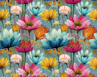 12x12 Pattern Printed Adhesive Vinyl Spring Summer Wild Floral Flowers Yellow Pink Fuchsia Blue Teal Night Magic Mythical