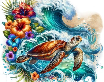 Printed decal Sea Turtle Turtles Floral Flowers Tropical Waves