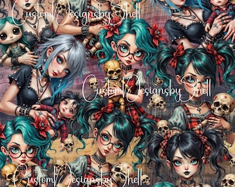12 x 12 printed Pattern Vinyl Goth Girls Bats Roses Halloween Spooky Gothic Dolls Spooky