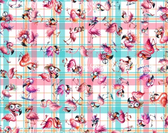 12x12 printed vinyl Crazy Birds Flamingo Plaid Blue Pink Orange
