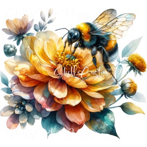 May include: A watercolor painting of a bumblebee perched on a yellow and orange dahlia flower. The flower is surrounded by other flowers and greenery, including blue and green foliage.