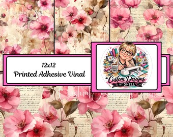 12x12 Printed Adhesive Vinyl Cherry Apple Blossoms Spring Pink Vintage Distressed