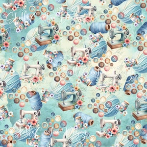 May include: A seamless pattern featuring vintage sewing machines, spools of thread, buttons, and floral accents on a light blue background.