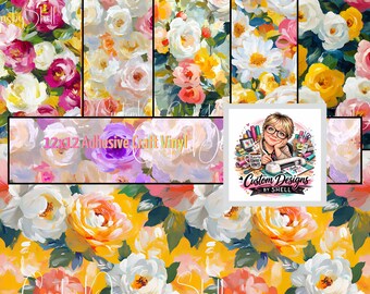 12x12 Printed Adhesive Vinyl Floral Flowers Oil Painting Spring Summer Pink Cream Yellow Green