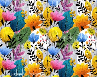 12x12 Pattern Printed Adhesive Vinyl Bright Spring Line Art Floral Flowers Yellow Orange Blue Green Black White