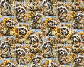 12 x 12 printed Pattern Raccoon Sunflowers Blooms White Purple Yellow