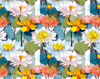 Pattern Vinyl printed vinyl 12x12 Tropical Lily Pond White Yellow Apricot Blue Green