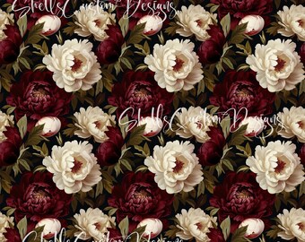 12x12 Printed Vinyl Floral Flowers Teal Burgandy Red Cream Roses