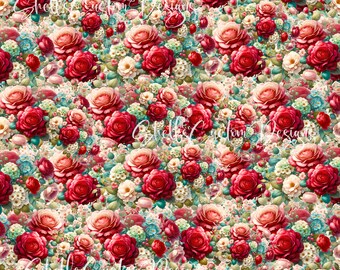 12 x 12 printed Pattern Vinyl Roses flowers floral Red Pink Teal Cream Green