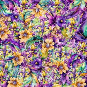 May include: A vibrant watercolor pattern featuring a mix of purple, yellow, and green elements. The design includes stylized flowers, feathers, and fleur-de-lis symbols, creating a festive and artistic composition. The overall theme is a colorful, floral design.