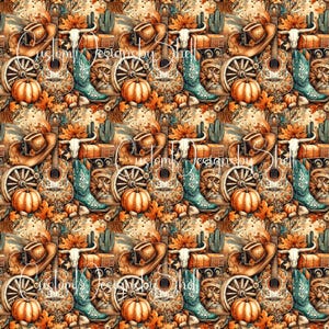 May include: A repeating pattern featuring cowboy hats, guitars, pumpkins, wagon wheels, and turquoise cowboy boots. The design incorporates autumn leaves, cacti, and a longhorn skull, all in warm, earthy tones. The text "Custom Designs by Shell" is visible.
