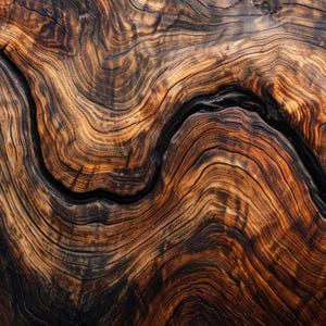 May include: Close-up of a section of wood grain, showcasing a rich palette of browns and blacks. The wood's texture reveals intricate patterns of growth rings and a deep, dark fissure, creating a natural, organic design. The image highlights the beauty of natural wood.