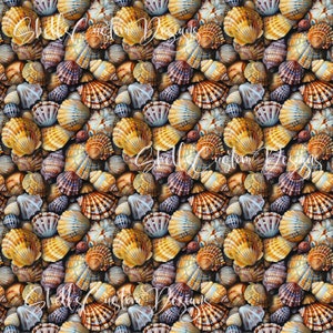 12x12 Printed Vinyl Ocean Seashells Sea Shells Gold Yellow Brown White Background Pattern