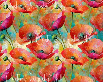 12x12 Printed Vinyl Floral Elegant Country Farm Red Poppies Teal background