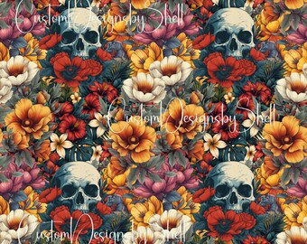 12 x 12 printed Pattern Vinyl Fall Skull Autumn flowers Teal Yellow Copper Poppie