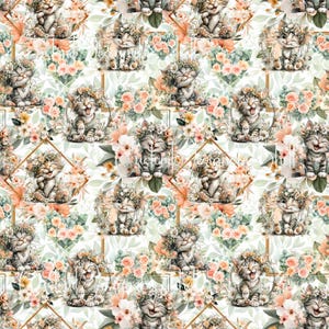 May include: A repeating pattern featuring smiling kittens wearing floral crowns, surrounded by peach and pink flowers, green leaves, and gold geometric shapes. The background is a soft white. The overall theme is whimsical and floral.
