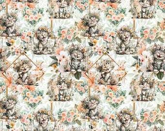 12 x 12 printed Pattern Cat Kittens Peach Floral Spring Easter