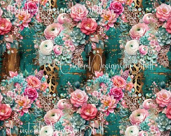 12 x 12 printed Pattern Vinyl Country Shabby Floral Woodgrain Teal Pink