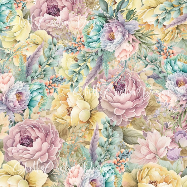 12 x 12 printed Pattern Vinyl Soft Warm Pastel Roses blooms flowers floral Rainbow pink lavender teal green purple yellow