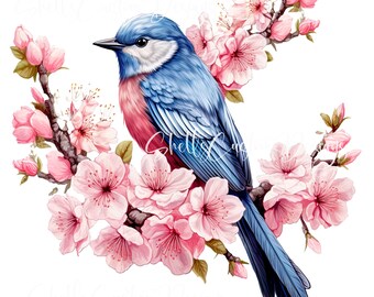 Mountain Blue Bird Cherry Blossoms Vinyl Printed Decal