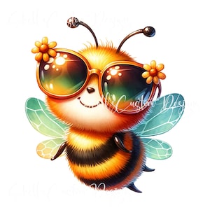 May include: A cartoon bee wearing sunglasses and a flower on its head. The bee has yellow and black stripes and green wings.