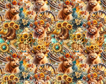 12x12 printed vinyl Highland Cows Floral Background Cattle Western Country Boots Sunflowers