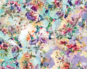12x12 printed vinyl Humming bird florals watercolor Hummingbird Pink Purple Red 3D