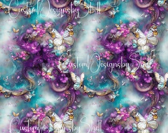 12 x 12 printed Pattern Vinyl Fantasy Butterflies Roses Blooms Floral Blossom Blue Purple Green Yellow
