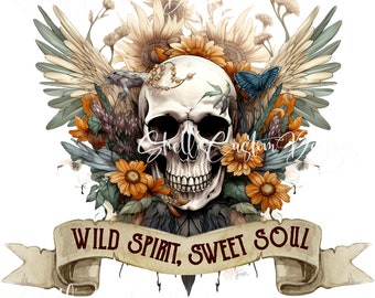 Printed Decal Vinyl Skull Wild Spirit, Sweet Soul Wings