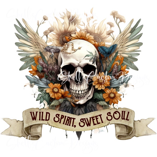 Printed Decal Vinyl Skull Wild Spirit, Sweet Soul Wings