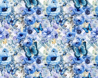 12x12 printed vinyl Blue Winter Floral Butterflies Butterfly Roses Poppy Blooms Plaid