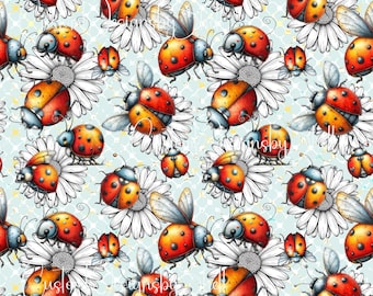12 x 12 Printed Adhesive Pattern Vinyl Red Ladybug Green Leaves Daisy Daisies Floral Flowers
