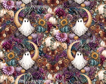 12 x 12 Whimsical Witch Ghost Floral Halloween Printed Vinyl – Fall Pumpkins Moon Sunflowers Boho Spooky Adhesive Vinyl Bats Pumpkins