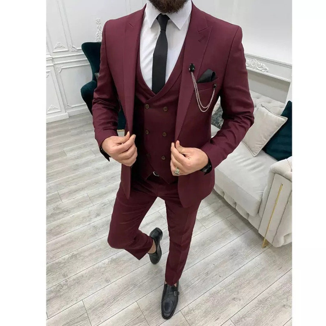 Burgundy Trimmed Lapel Slim Fit 3 Piece Suit main image 1
