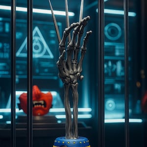 Peut inclure: Une sculpture détaillée d'une main squelettique avec trois griffes métalliques, exposée dans une vitrine. La base est bleue et jaune avec un emblème rouge et noir. Un masque rouge est visible en arrière-plan.