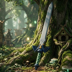 May include: A replica sword featuring a silver-colored blade with a triangular emblem at the base, a dark blue crossguard with wing-like extensions, and a light green lattice-patterned handle with a dark blue pommel at the bottom end.