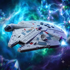 Puede incluir: Un modelo de plástico gris de la nave espacial Millennium Falcon con un casco circular, una cabina lateral y una pequeña antena parabólica. La nave presenta paneles mecánicos detallados con pequeños acentos rojos y azules en su superficie.