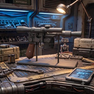 May include: A matte black blaster prop with a long scope and a brown ribbed grip, mounted on a rectangular stand. The blaster features a perforated barrel tip and a trigger guard. A small digital tablet displays a technical schematic of the weapon.