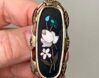 Antique Victorian Rolled Gold Pietra Dura Mosaic Flower Bouquet Brooch Pin Turquoise Angel Skin Coral Italy
