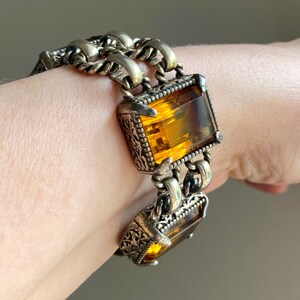 Antique/vintage 30s magnificent chunky gold tone designer rhinestone link bracelet; cognac glass bezel; rare, statment, runway