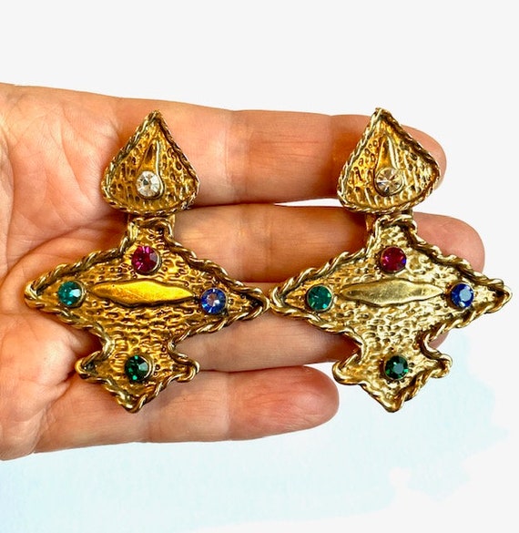 Gorgeous vintage old gold massive drop earrings c… - image 1