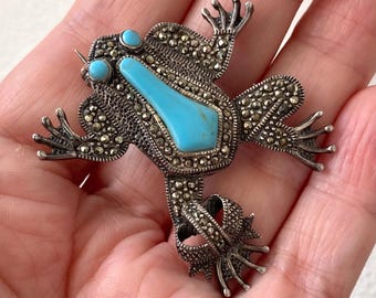 ヴィンテージ ターコイズ、カエルブローチ スターリングシルバー
