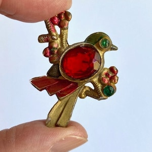 Vintage small bird brooch pin; lucite (early plastic), 30s-40s, hand-painted, jelly belly style, rare, collectible