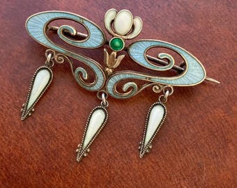 Antique Jugendstil brooch, Scandinavia; guilloched enamel, sterling silver, signed BH, 925 stamp, star and crown; very rare