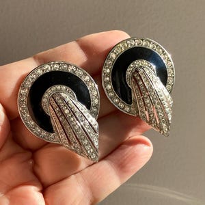 Vintage signed &quot;Art Deco/89&quot; large sparkling clip on earrings ; black enamel, Swarovski crystals; runway, statement, very rare, collectible