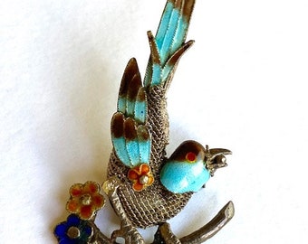 Vintage Export Chinese Sterling Silver Filigree Enamel Mesh Brooch bird on a Flowering Branch 1 7/8 inch 30s