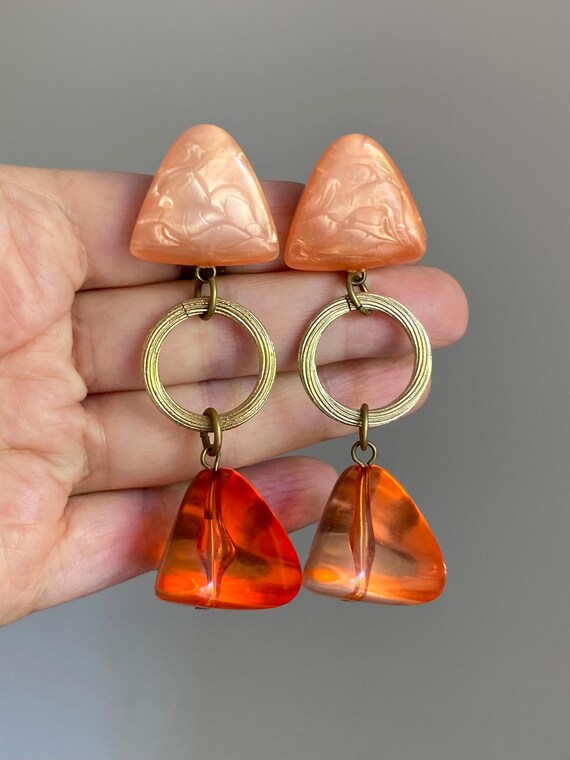 Vintage Orange Lucite Transparent and Thermoset Moonglow Dangle